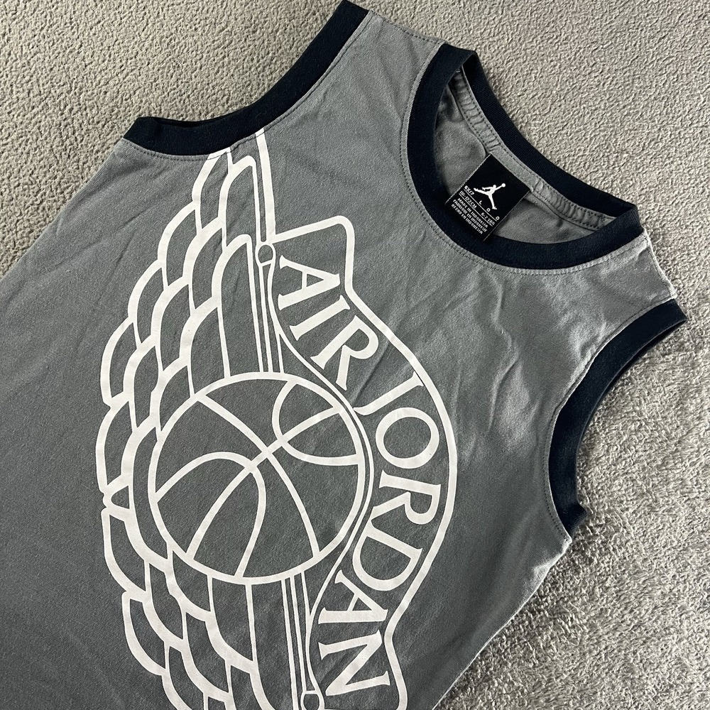 AIR JORDAN Logo T-Shirt Kids L Baller Wings Sleeveless Gray Black